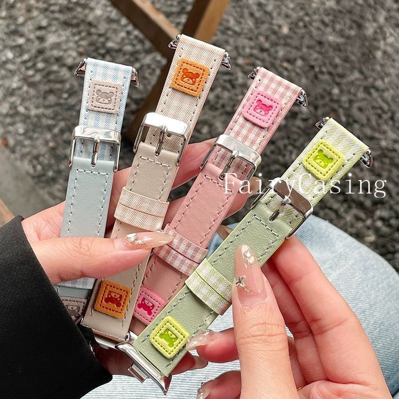 Dây đeo đồng hồ da gấu dễ thương cho Xiaomi Mi Band 8 9 10 Pro Vòng đeo tay ca rô Dây đeo cổ tay cho Redmi Watch 6 5 4 Band