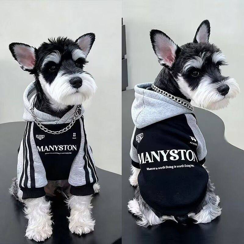 【Ready Stock】 Dog Pet Clothes Autumn and Winter Fleece-Lined Three Bars Hooded Sweater Small and Medium-Sized Dogs Teddy Schnauzer Border Collie Clothes 0mJx