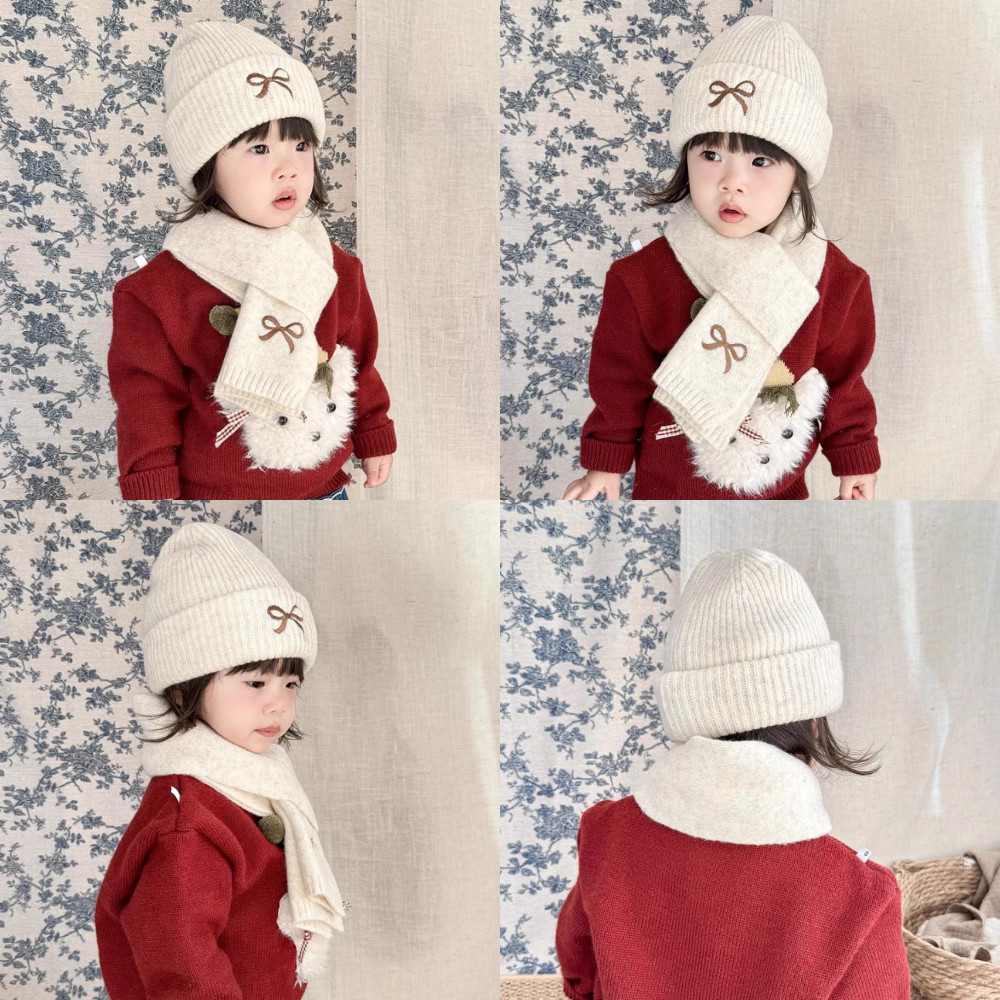 Mũ Len Kèm Khăn Cho Bé Giữ Ấm Mùa Đông Richouse Thêu Hình Nơ Dễ Thương Nhiều Màu Sắc Hàn Quốc