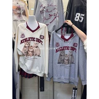 Plus Size Áo Nữ Giả Hai Mảnh Cổ Dây Dài Tay Top 2025 Mèo Vui Nhộn Béo Sister Plus Kích Thước 150kg Màu Sắc Tương Phản Giả Hai Mảnh Áo Không Dây Rời Thường Ngày Nữ Plus Size Quần Áo Nữ