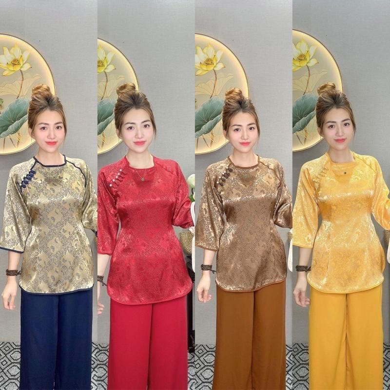 Đồ Lam pháp phục bà ba đi chùa áo cổ tròn đính nút tàu tay lững xẻ tà đi kèm quần lụa điệu đà M11 Mẫu Mới