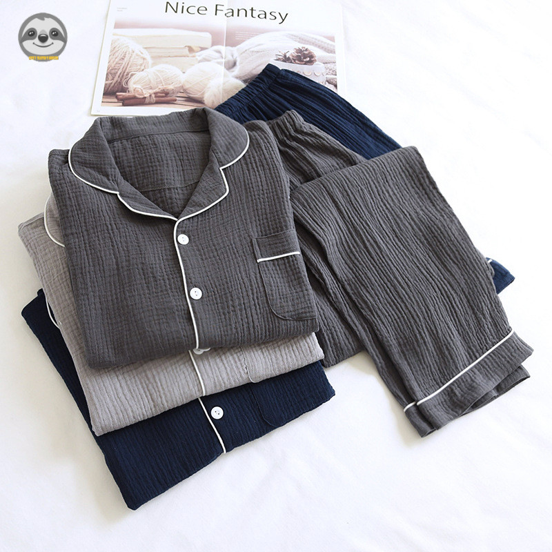 Bộ đồ ngủ bông cotton nguyên chất phong cách Nhật Bản, thời trang thu đông cho nam giới