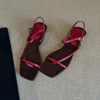 Phiên bản da cừu có sẵn ~ Fairy Simple Square Toe Cross Strap Flat Flip-Toe Sandals Nữ Dép da mùa hè