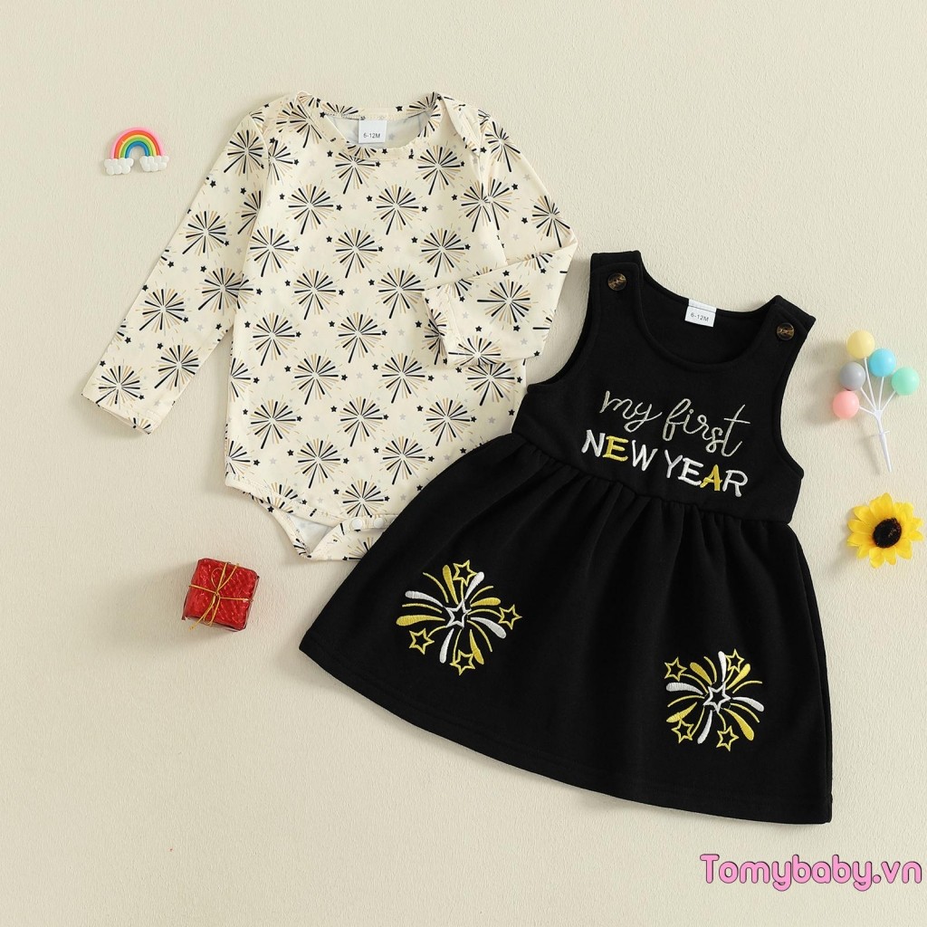 Bộ trang phục 2 món cho bé gái Năm mới Bộ áo liền quần cổ chữ O dài tay + Bộ váy không tay thêu chữ