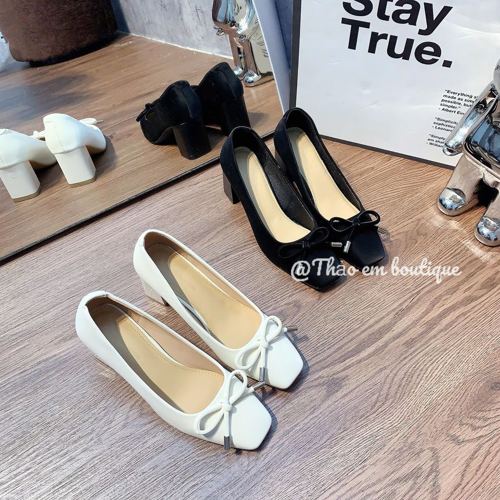 [Thảo Em- GC63] Giày nữ búp bê gót cao 5p phối nơ thời trang