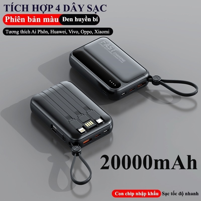 Sạc dự phòng mini 20000mAh hỗ trợ sạc nhanh đi kèm 4 dây sạc tiện dụng