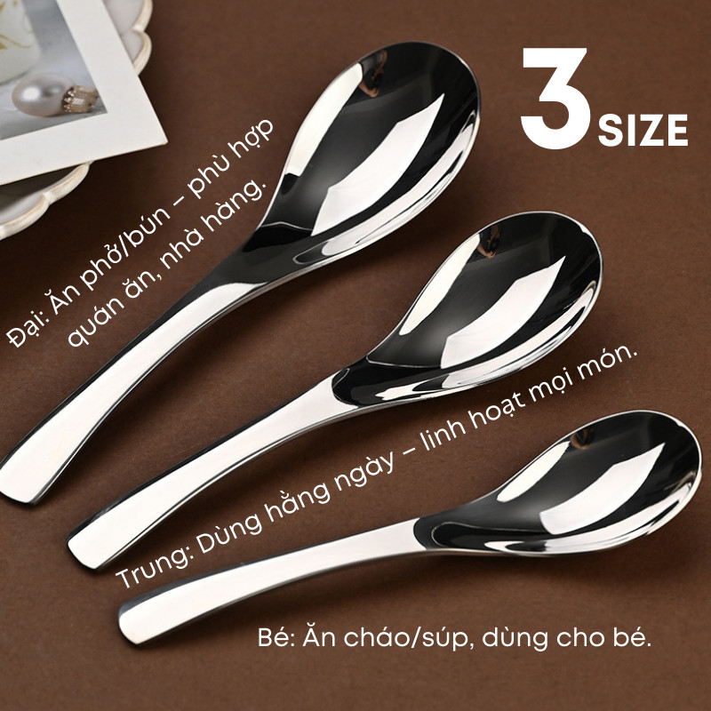 Combo 06 Muỗng Thìa Inox 304 Bầu Tròn Cán Cong 3 Size Cao Cấp KOOBEE – Ăn Phở, Cháo, Súp (BA40)