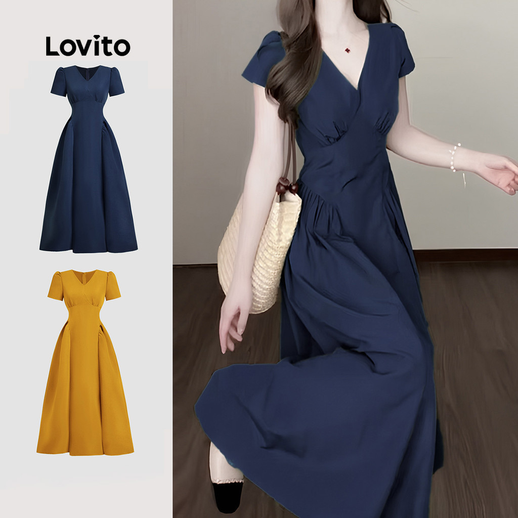 Lovito Váy Thường Ngày Vải Nhún Nhún Thời Trang Xuân/hè Màu Xanh Navy Cho Nữ LBL26340