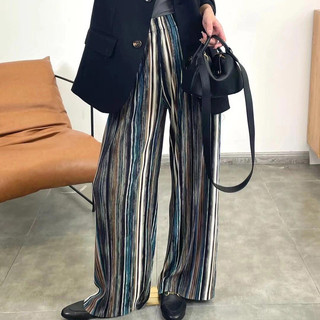 Miyake Quần Áo Nữ Đi Làm Phong Cách Sọc Bohemian và Băng Lụa Xếp Ly Ống Rộng Cho Hàng Ngày