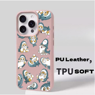 Ốp điện thoại hình mèo cá mập cát lún dễ thương cho iPhone 12 11 Pro Max X XS XR 7 8 Plus 16 17 pro Max 16E 17Air PU LeatherCartoon Soft Matte Cover