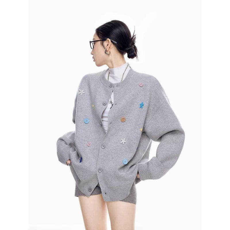 Áo len cardigan thêu ngôi sao dễ thương, có nút đầy màu sắc, phù hợp mùa xuân