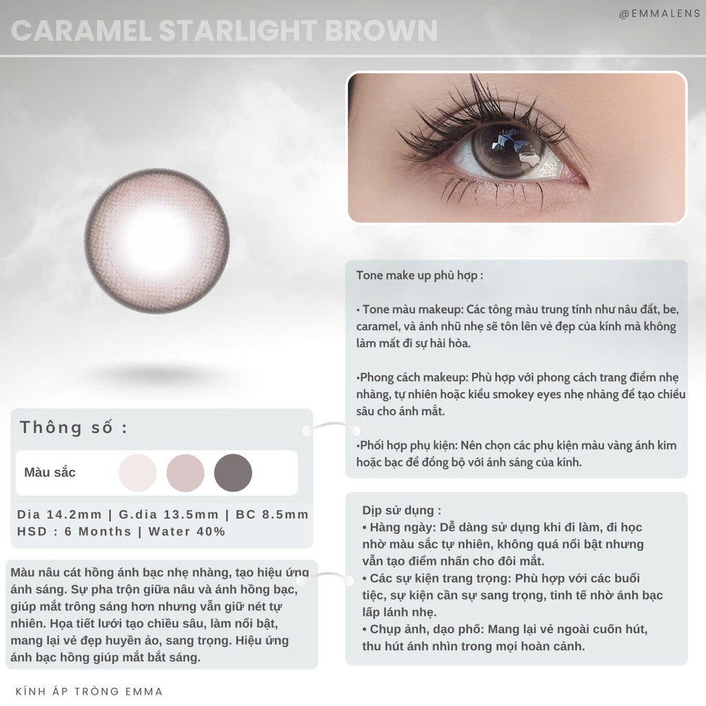 Kính Áp Tròng Caramel Starlight Brown | Lens Nâu Gian Nhẹ | Emma Lens