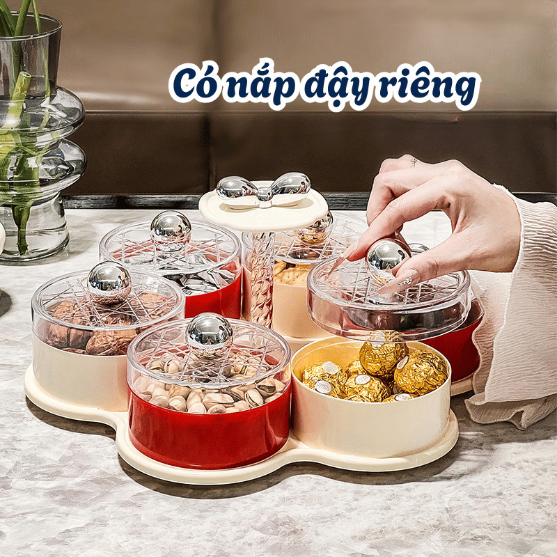 Khay Đựng Mứt Tết 6 Ngăn Xoay 360 Cao Cấp, Hũ Đựng Bánh Kẹo Có Nắp Đậy, Chống Bụi,Chống Ẩm