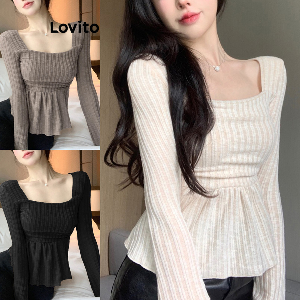 Lovito Áo thun mùa thu và áo thun cổ vuông xếp trơn thường ngày mùa đông dành cho nữ LNE29197