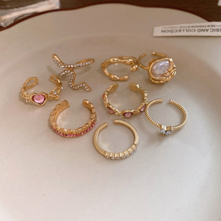 Bộ nhẫn vàng 8 món: Trái tim hồng, ngọc trai, rắn, kim cương giả - Style ngọt ngào lãng mạn cho phụ kiện nữ thời trang
