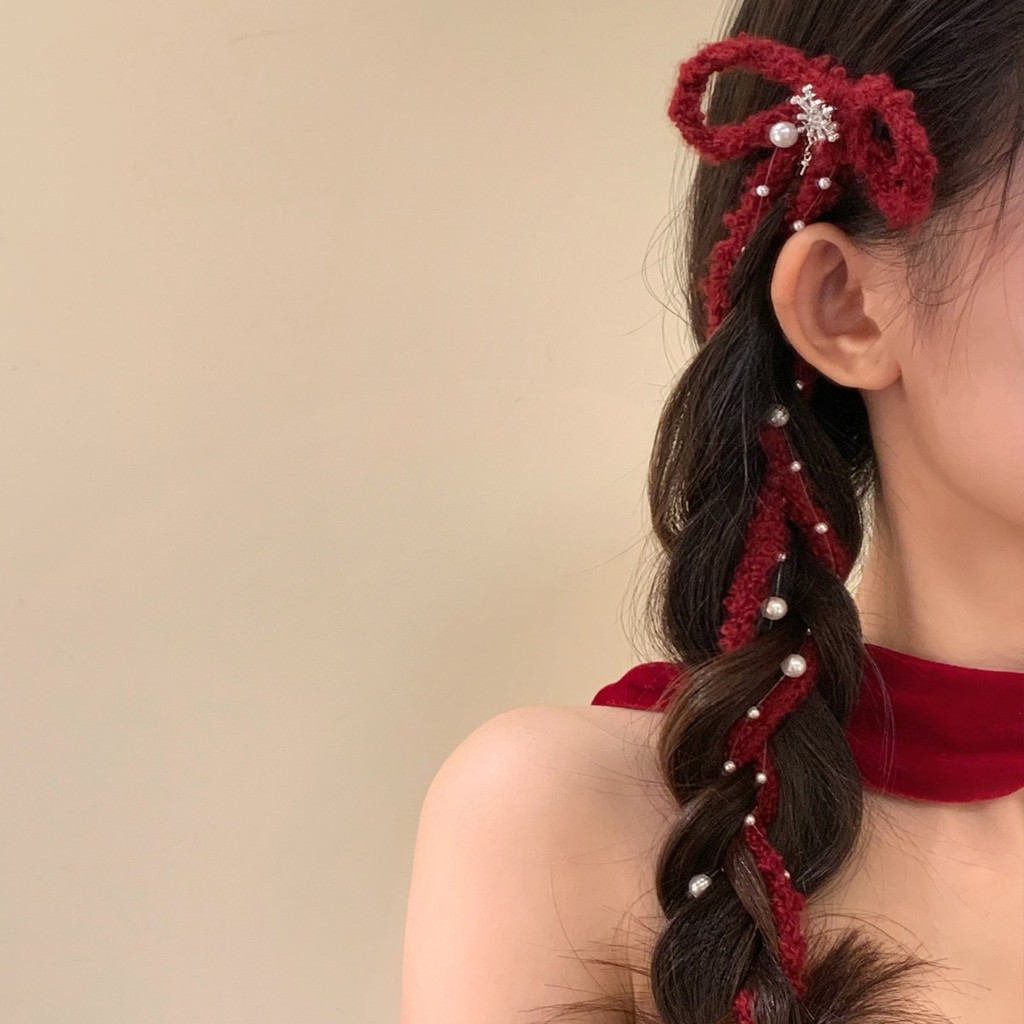 Kẹp tóc ngọc trai đỏ nơ dài - phụ kiện tóc sang trọng cho Giáng sinh