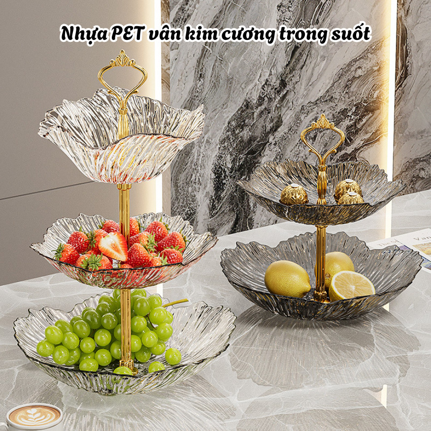 Đĩa Đựng Bánh Kẹo 2-3 Tầng Trong Suốt Vân Kim Cương, Khay Đựng Hoa Quả Mứt Tết Sâu Lòng Decor Tiệc