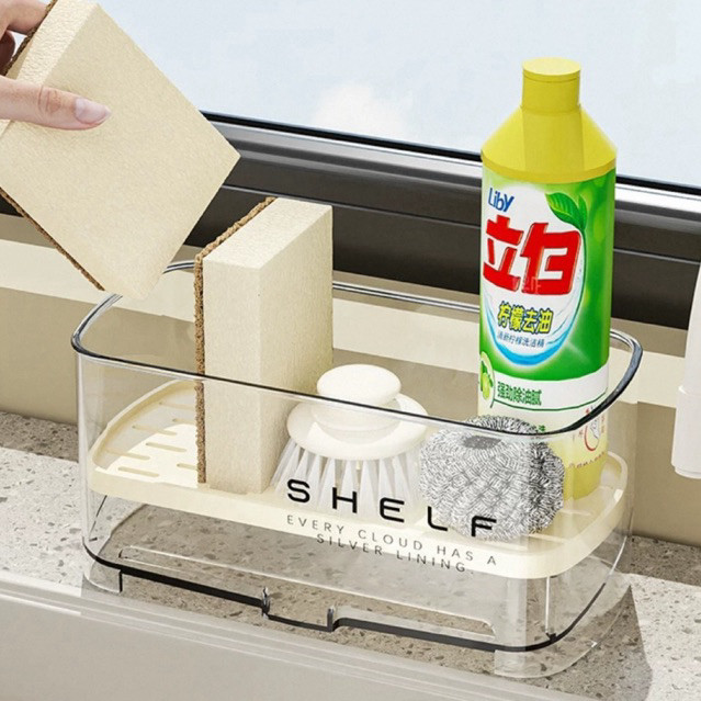 Khay hộp đựng dụng cụ rửa chén để trên bồn rửa có vòi thoát nước vỏ trong suốt, giữ gọn gàng khô ráo