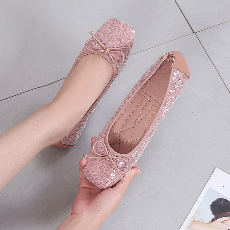 Nơ Đơn Giày Màu Khối Vuông Ngón Chân Retro Nông Miệng Thời Trang Size Lớn Giày Nữ