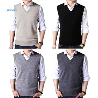 Áo len không tay dệt kim nam, vừa vặn, cổ chữ V màu trơn