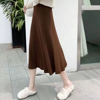 Màu Xám 2023 Dệt Kim Váy Nữ Xuân Thu Đông Giữa Chiều Dài Váy Đen Chữ A Xếp Ly Len Váy A