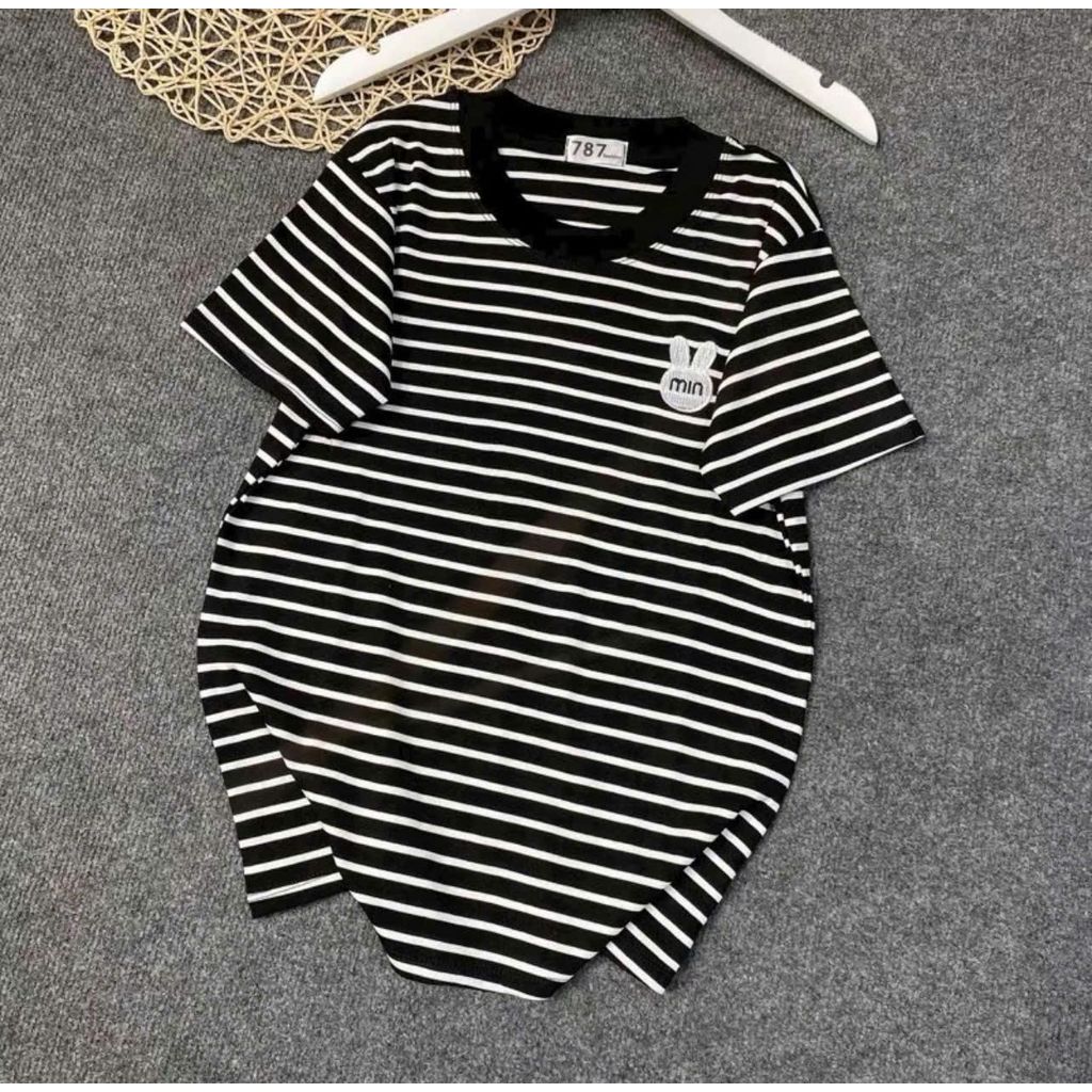 Áo Thun Nữ Cổ Tròn Tay Ngắn Kẻ Sọc Thêu Họa Tiết Thỏ MIN Trước Ngực Chất Cotton Mềm Mịn ESHOP MS285