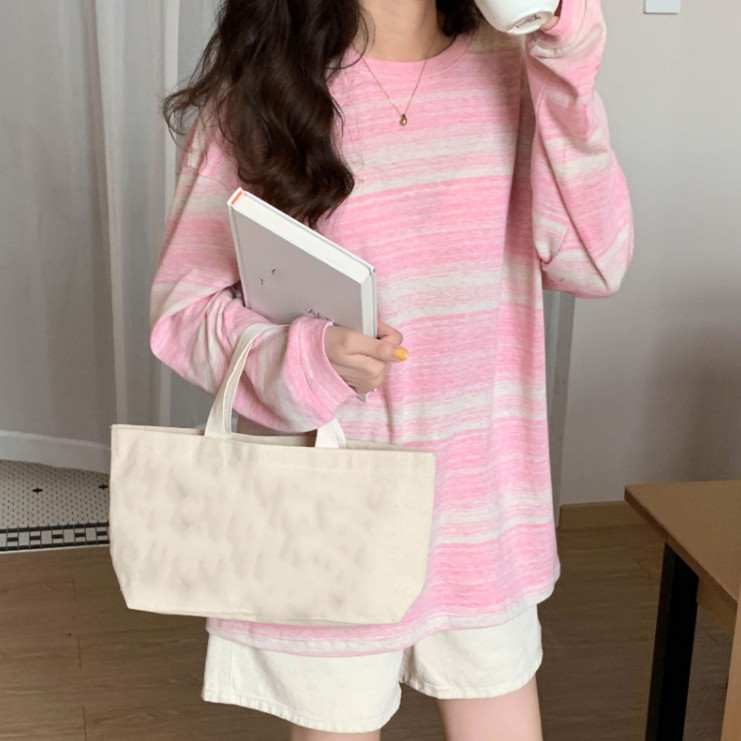 Áo thun dài tay sọc phong cách Hàn Quốc, cổ tròn, dáng rộng cho nữ mùa thu