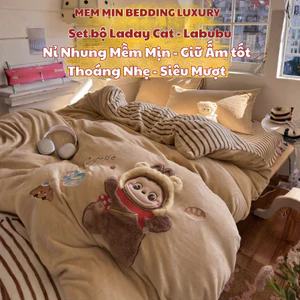 Bộ Chăn Ga Gối Nỉ Laday Cat - Labubu MemMinbedding Luxury Họa Tiết Thêu Công Nghệ Cao - Giữ Ấm Tuyệt Đối