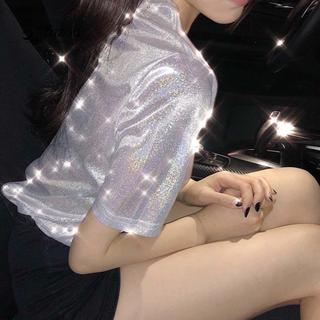 Áo lụa thời trang FUJIZOU, Áo thun nữ dáng rộng sáng bóng màu tím cổ điển, Sequins hồng thẩm mỹ ngọt ngào Bông tai Kẹp tay ngắn