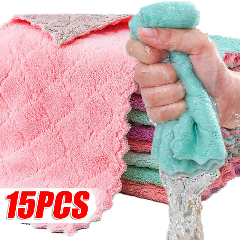 5 / 10 / 15 Cái Khăn lau bát đĩa lông cừu san hô hai lớp / Khăn lau chén sợi nhỏ dày