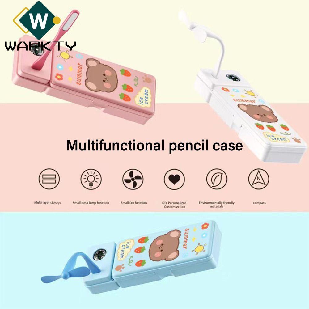 Hộp bút chì WAPKTY, có bút chì hai lớp la bàn, đa chức năng có quạt / đèn bàn Hộp lưu trữ văn phòng phẩm bằng nhựa cho bé trai / bé gái