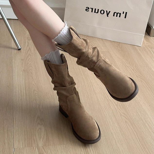 Mùa Thu Đông Retro Da Lộn Tròn Tay Ống Cao Thời Trang Giày Bốt Thời Trang Thường Ngày Ngoài Trời Chống Trơn Trượt Chống Mài Mòn Giữa Ống Giày Nhà Máy