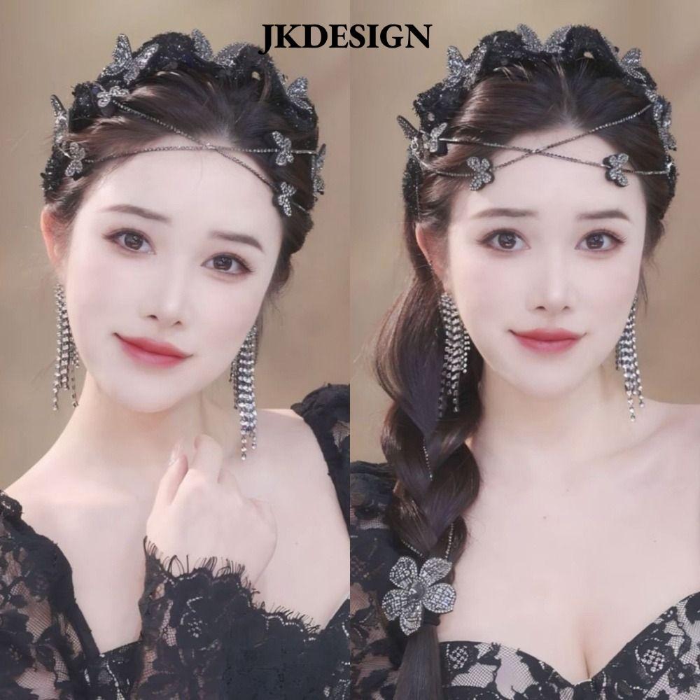 JKDESIGN - Dây Đeo Đầu Nhung Bện Ren Lưới Tua Rua Sáng Bóng, Charm Dây Xích Dài, Phụ Kiệm Tóc Cho Nữ
