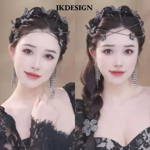 JKDESIGN - Dây Đeo Đầu Nhung Bện Ren Lưới Tua Rua Sáng Bóng, Charm Dây Xích Dài, Phụ Kiệm Tóc Cho Nữ