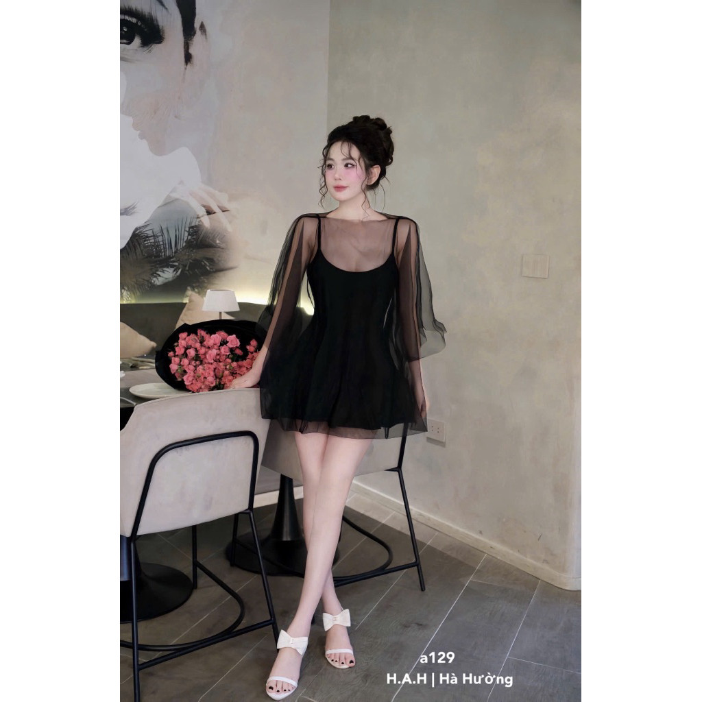 Đầm voan lưới tay bồng dáng xòe sexy đi tiệc xịn xò (Mã a129) BYJOLIE
