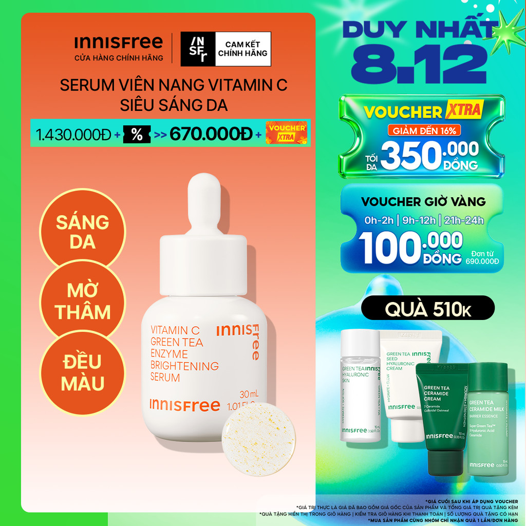 Serum Vitamin C sáng da, mờ thâm mụn INNISFREE Green Tea Enzyme Brightening Serum 30ml