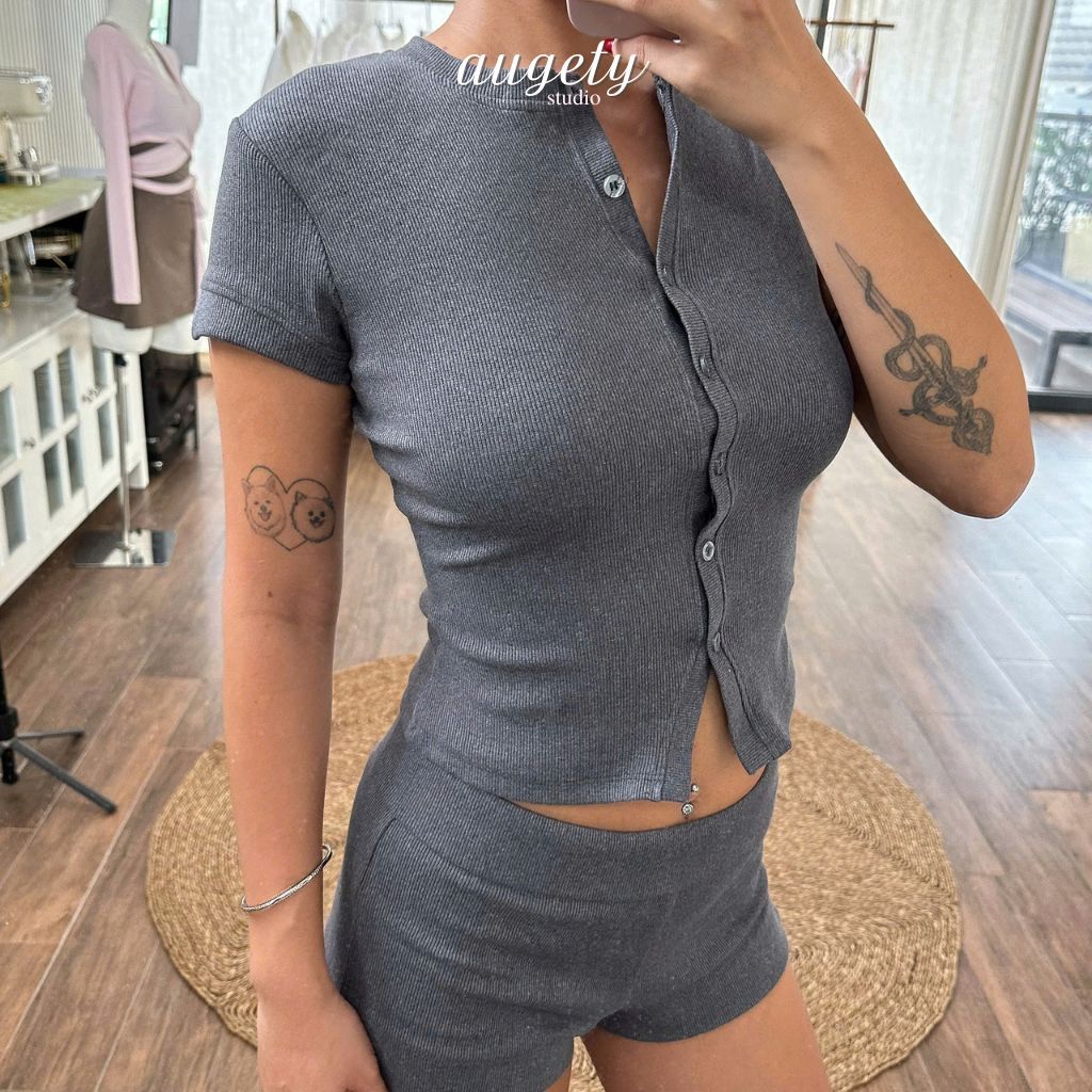 Set Áo Tay Ngắn Cài Nút Và Quần Short Lưng Gập Thun Gân Dày Dặn Co Giãn Augety Studio, BRUNEY Set
