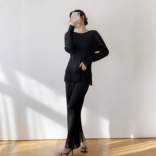 Miyake Xếp Ly Nữ Mùa Thu - Màu Trơn Viền Top Quần, Phù Hợp Thời Trang Hai Mảnh