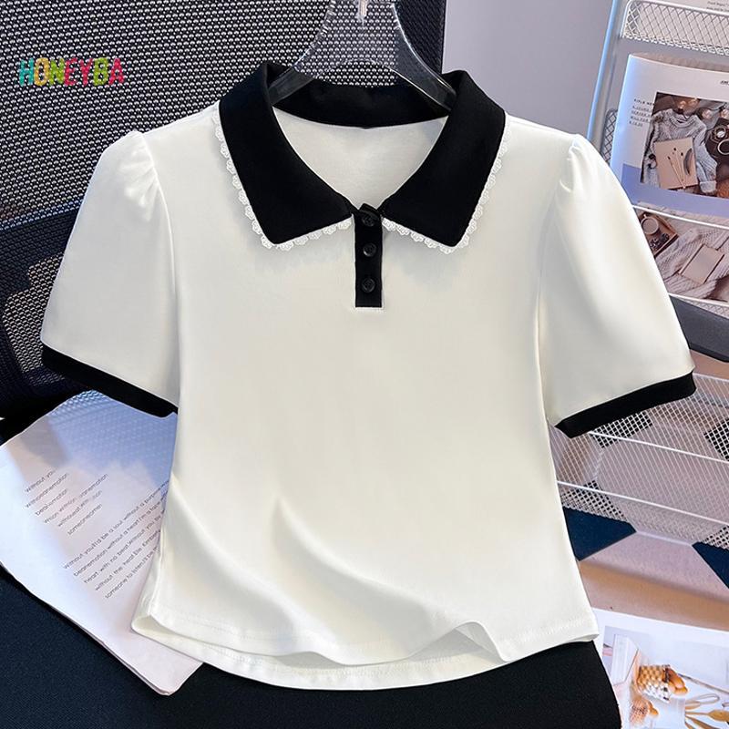 < Honeyba > Áo thun ngắn tay viền ren màu sắc tương phản Hàn Quốc dành cho nữ