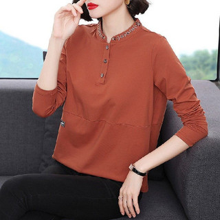 Áo thun dài tay cổ tròn thêu dành cho mẹ trung niên, vừa vặn và thời trang