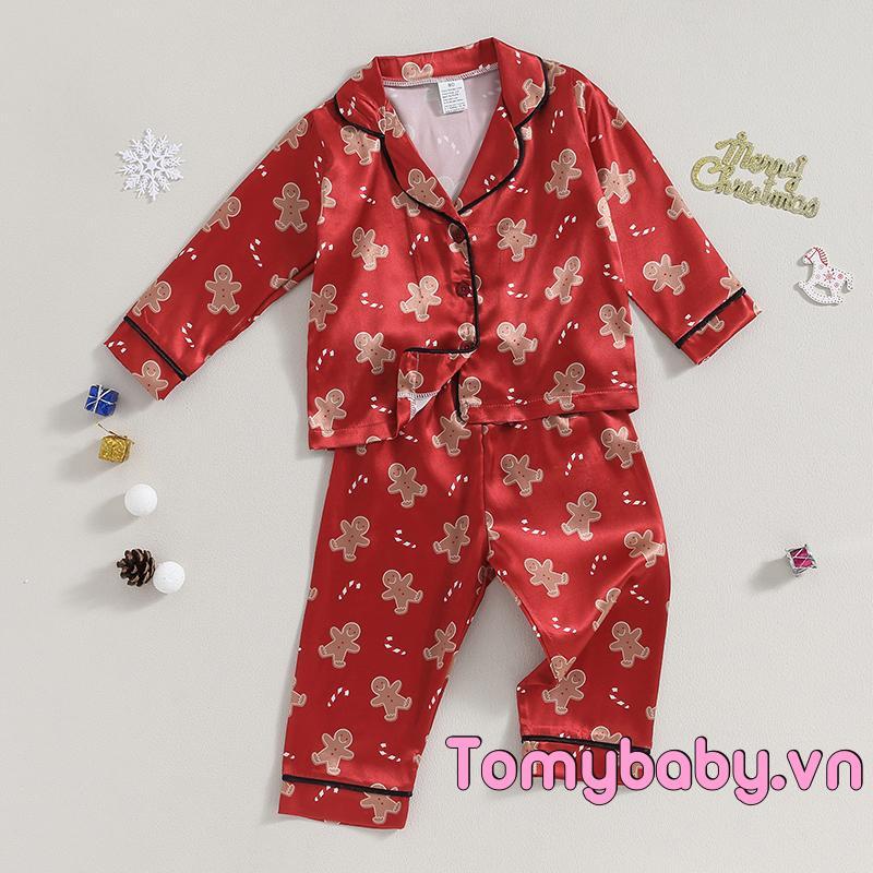 Bộ 2 Bộ Đồ Ngủ Trẻ Em Giáng Sinh Tay Dài Bánh Gừng In Nút Áo Sơ Mi + Quần Đồ Ngủ
