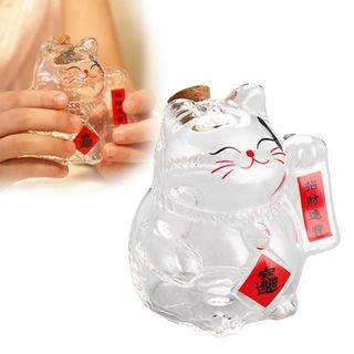 [Giao hàng từ Việt Nam] EARTHLYCO Piggy Bank, Lọ đựng tiền hình mèo may mắn bằng thủy tinh, Chai đựng đậu vàng Mini hoạt hình để trang trí văn phòng phòng phòng khách