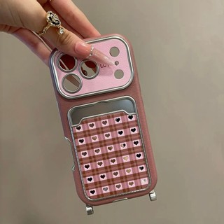 Túi đựng thẻ cửa sổ lớn mạ điện Kẻ sọc tình yêu Vỏ điện thoại cho iPhone17 16 15 14 Pro Max Bảo vệ Camera chống sốc Vỏ mềm chống rơi