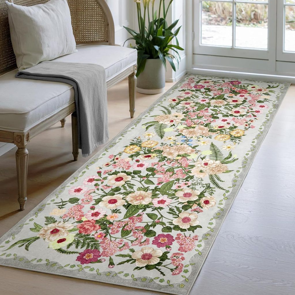 [Hàng sẵn] Thảm hành lang hoạ tiết hoa phong cách Pháp – 2 loại đế: nhung nước đế chấm chống trượt / giả lông cừu đế giặt nước, dùng cho sảnh, lối đi, cạnh giường