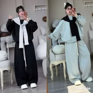 BỘ 3 MÓN THỜI TRANG: Quần da cá Nỉ 2DA XÁM, Sweater Nỉ 2 DA TRƠN, và Khăn ĐEN độc đáo-quanaao94
