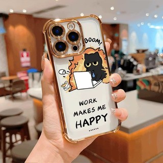 Happy Working Cat Bốn Góc Chống Rơi Lucency Ốp Lưng Điện Thoại OPPO Reno 14 13 12 11 10 Pro 14F 13F 12F 11F 5G Vỏ Bảo Vệ Ống Kính