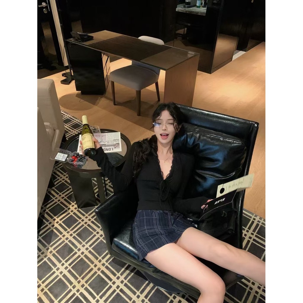 Pure Desire Phong Cách Cổ Chữ V Phối Ren Tím Khâu Dài Tay Top Nữ