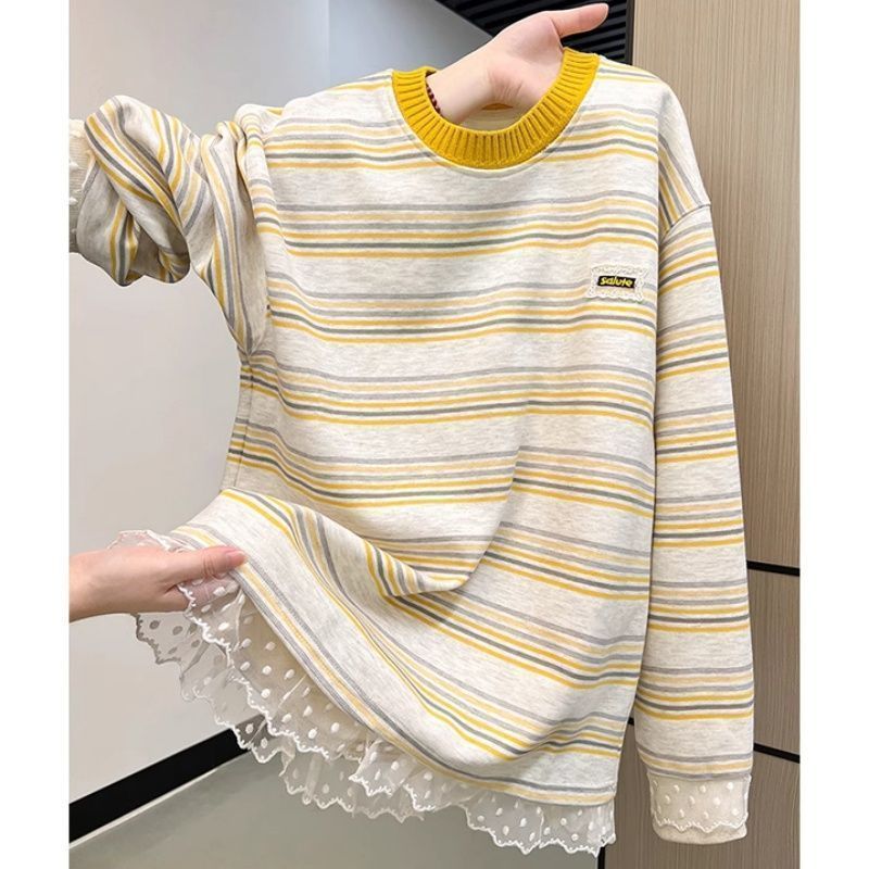 Milyfashion Áo sơ mi sọc ren thêu cổ tròn, vải mỏng, phong cách mới