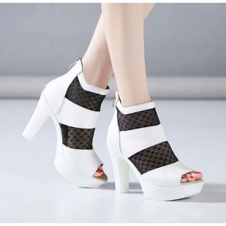 GIÀY BỐT HỞ MŨI PHỐI LƯỚI DA XỊN 10CM TTYY 11