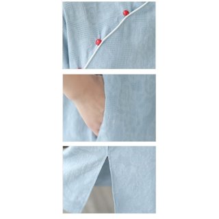 Đầm midi tay ngắn retro đứng cổ, vải lanh cotton jacquard, phù hợp mùa hè